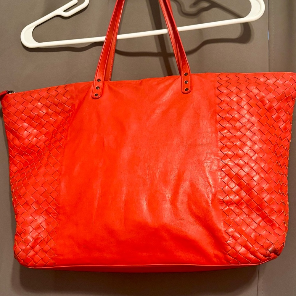 Authentic Bottega Veneta Intrecciato Orange Red Leather Tote Bag